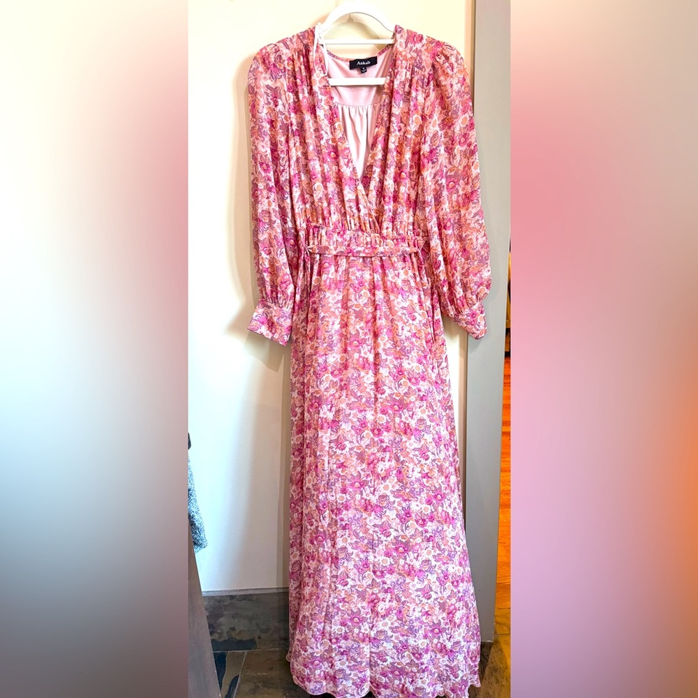 Aakaa Pink and White Ruffled Smocked Maxi Dress